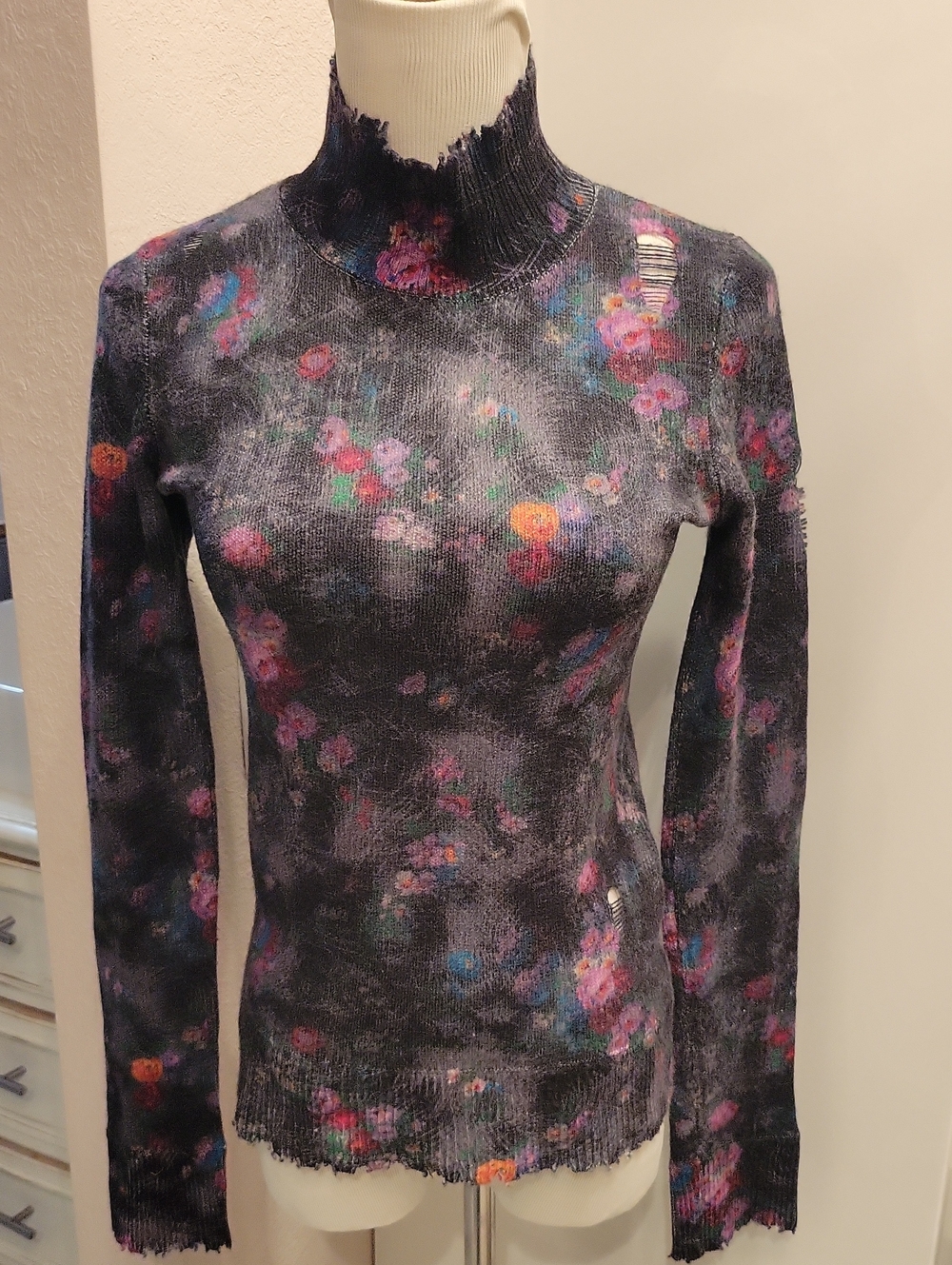 R13 Floral Print Distressed Turtleneck Sweater 100% Cashmere